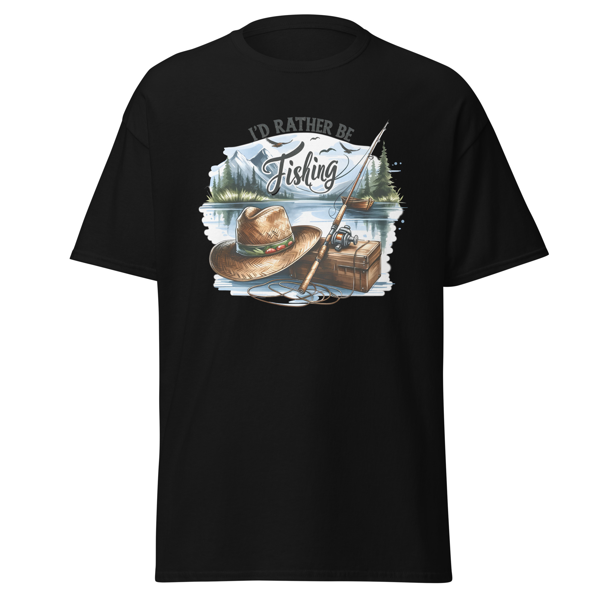I'd Rather Be Fishing Shirt – Watercolor Lake & Mountains Graphic Tee | Printed in USA - Image 2