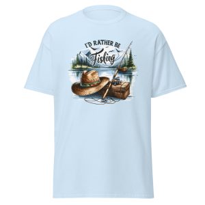 I’d Rather Be Fishing Shirt – Watercolor Lake & Mountains Graphic Tee | Printed in USA