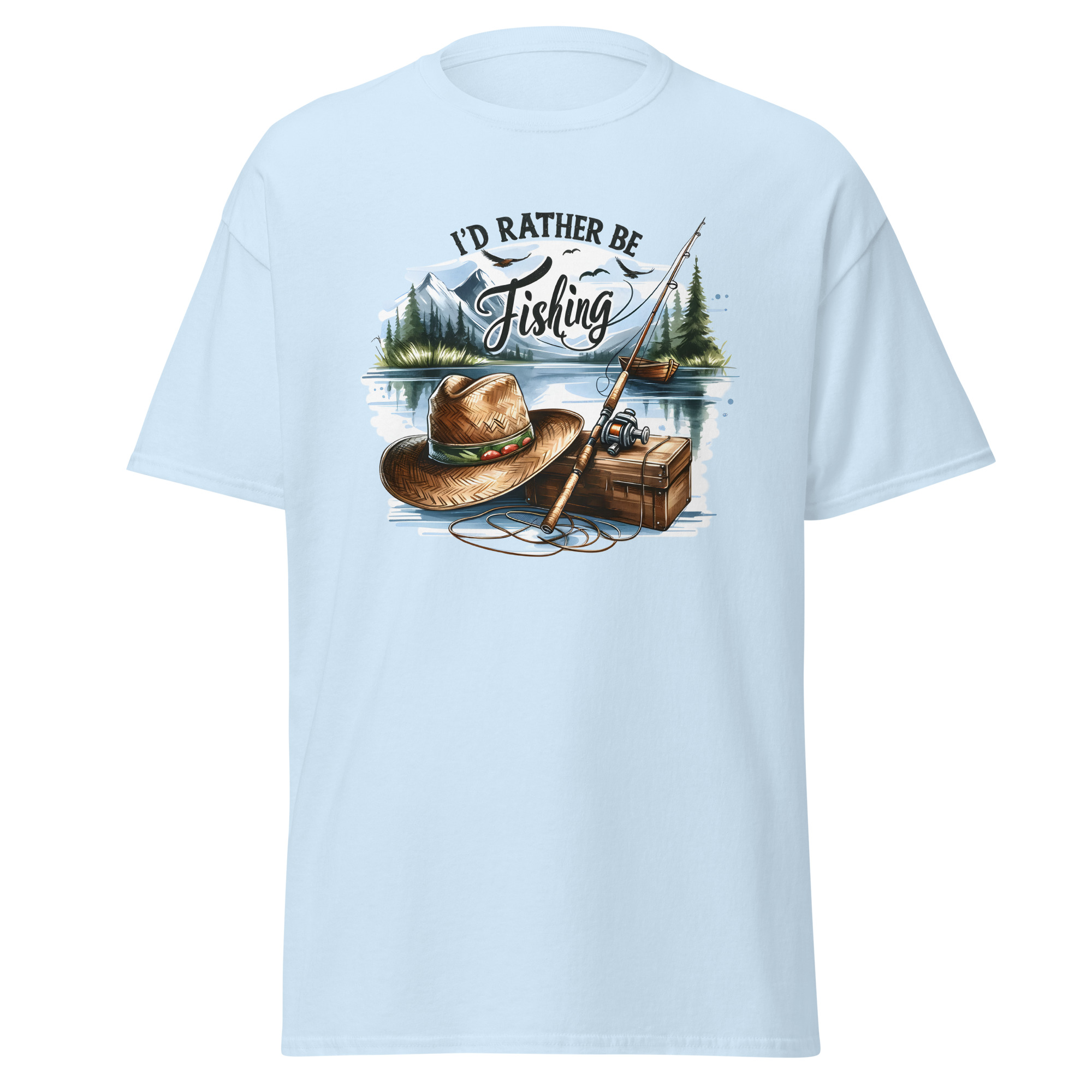 I'd Rather Be Fishing Shirt – Watercolor Lake & Mountains Graphic Tee | Printed in USA