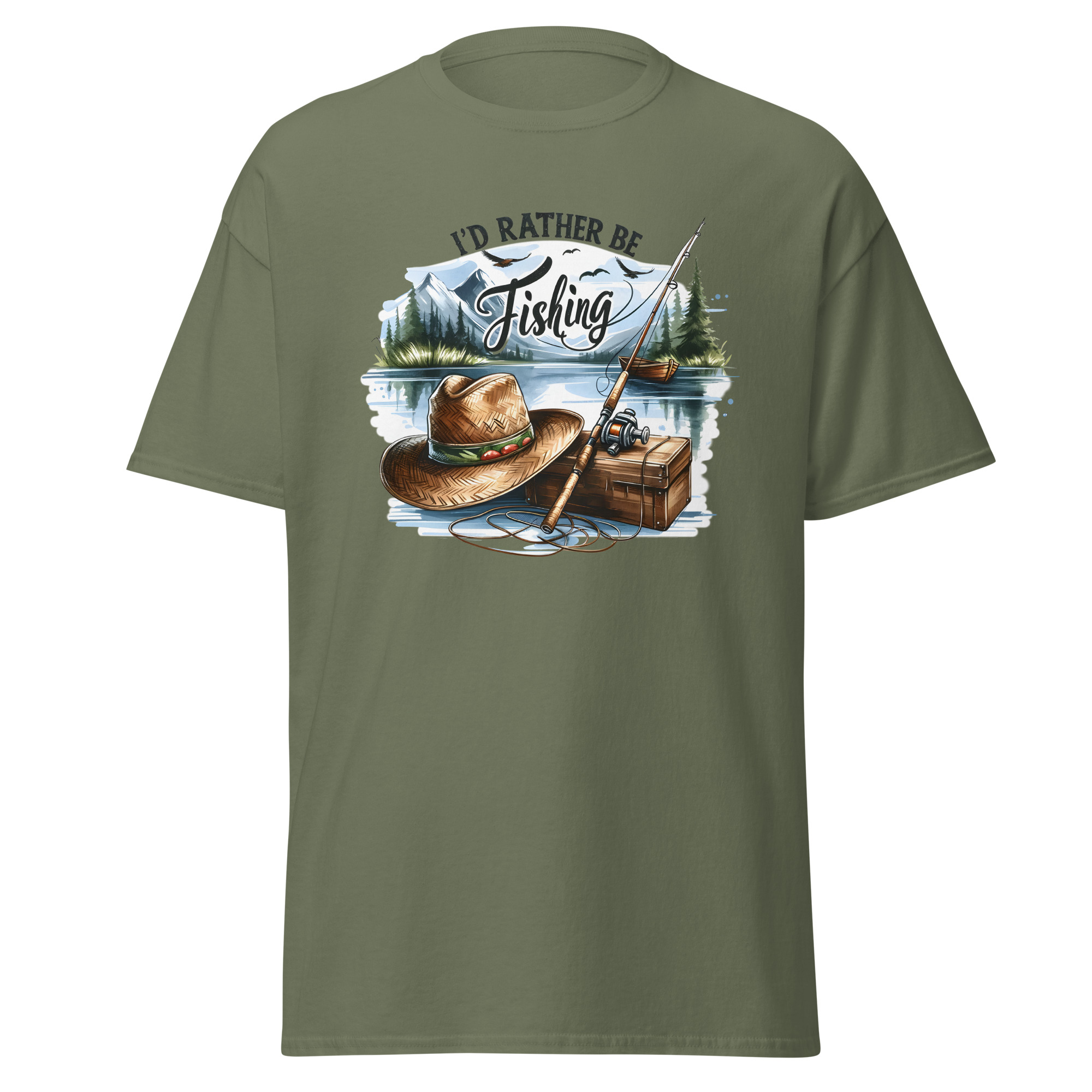 I'd Rather Be Fishing Shirt – Watercolor Lake & Mountains Graphic Tee | Printed in USA - Image 6