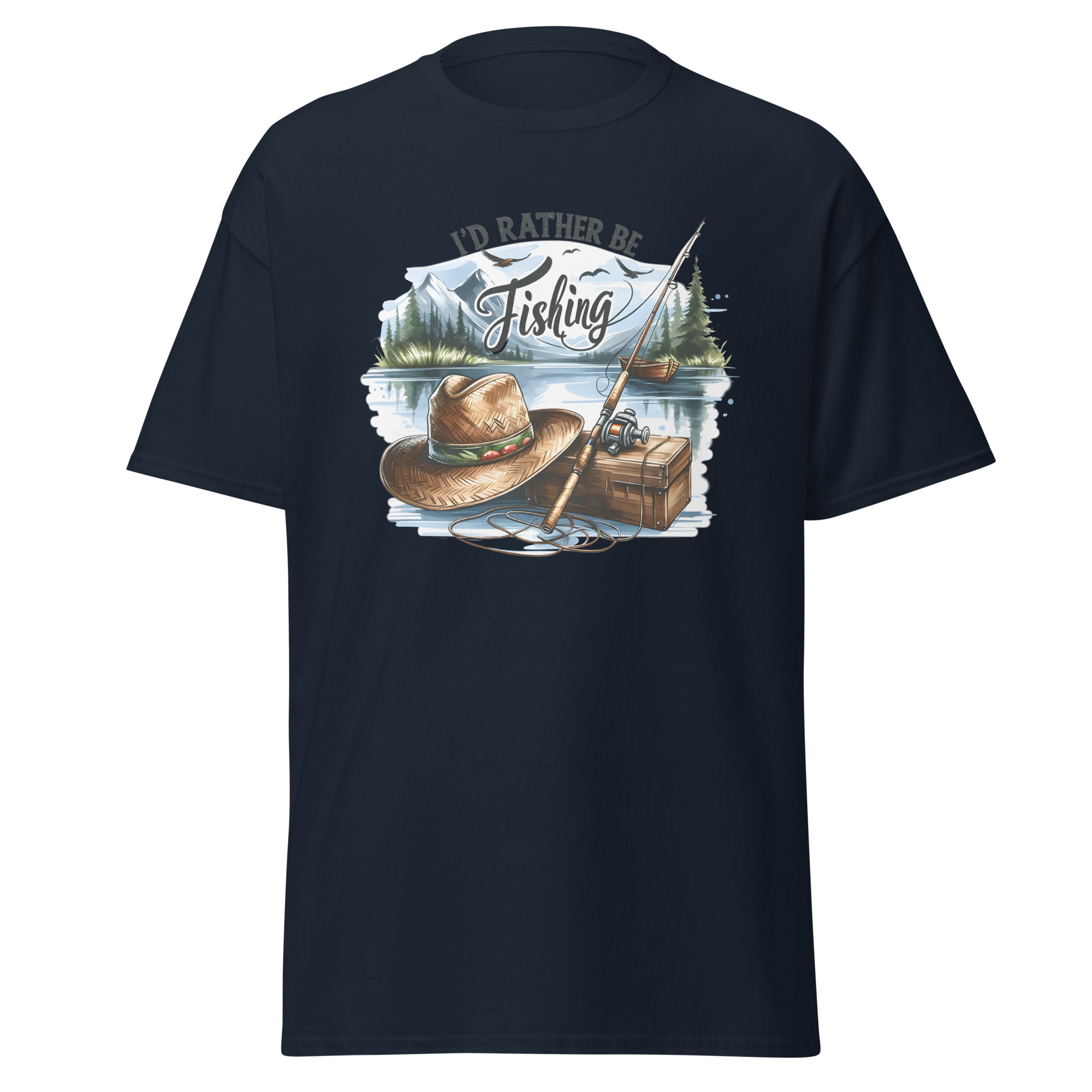 I'd Rather Be Fishing Shirt – Watercolor Lake & Mountains Graphic Tee | Printed in USA - Image 4