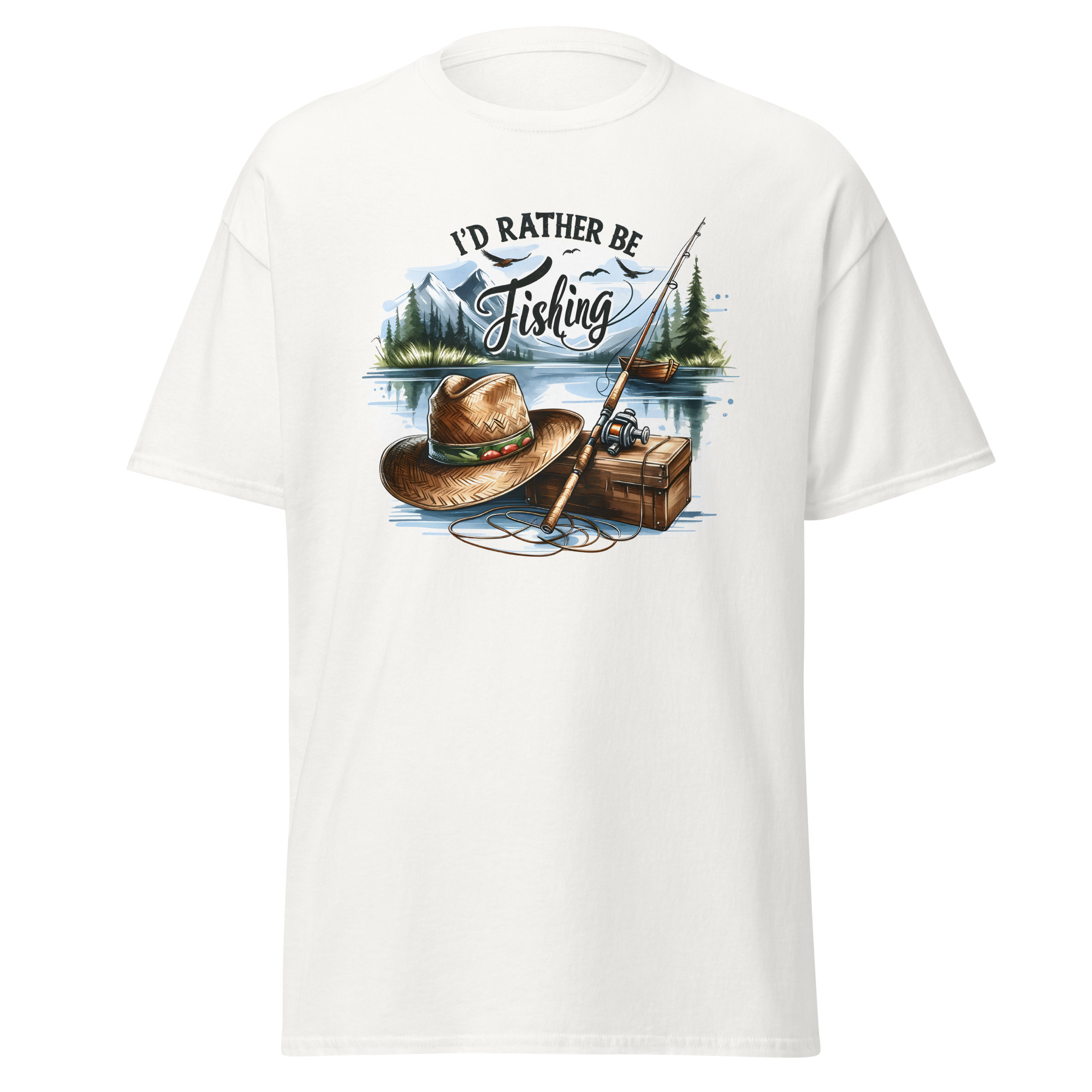 I'd Rather Be Fishing Shirt – Watercolor Lake & Mountains Graphic Tee | Printed in USA - Image 9